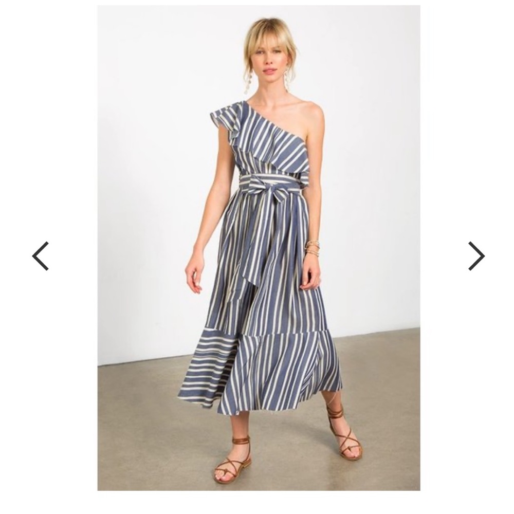 Chan Luu Lolita Blue and White Striped One Shoulder Midi Dress